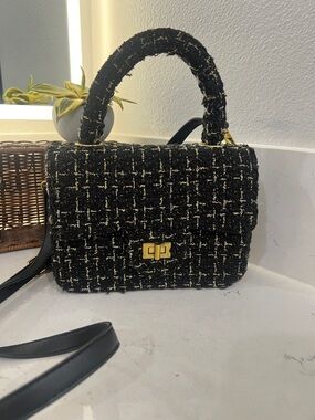Black Tweed Top-Handle Shoulder Bag with Gold Hardware